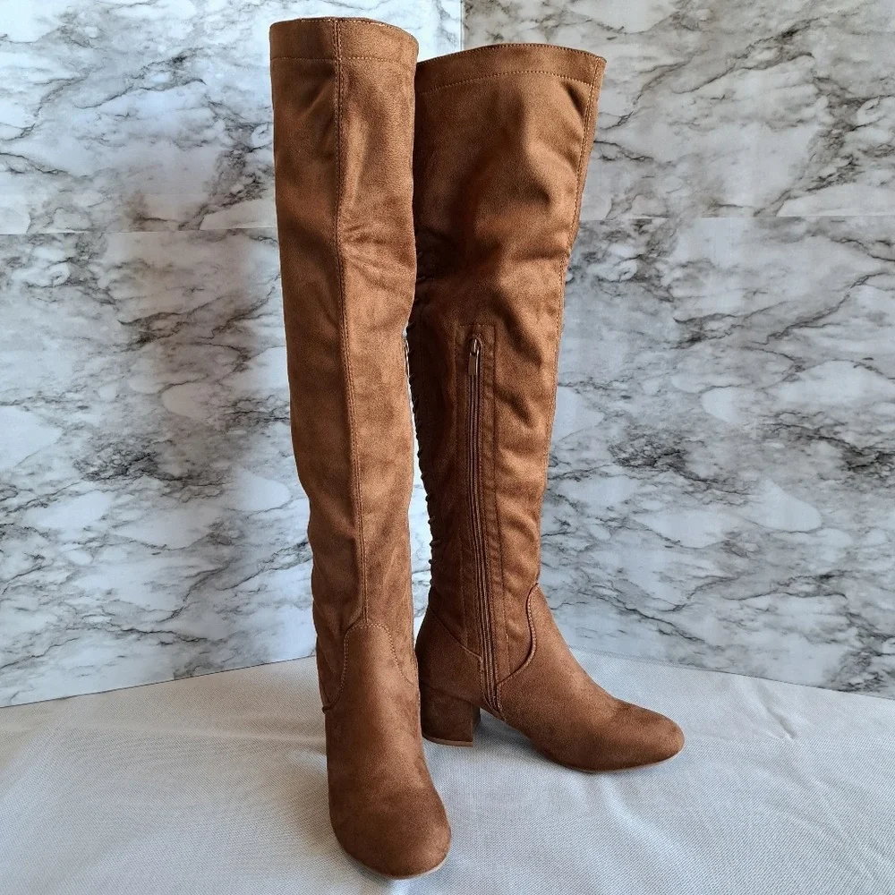 Faux Suede Over The Knee Block Heeled Stretch Boots Camel Full Lace-Up Back‎ 8